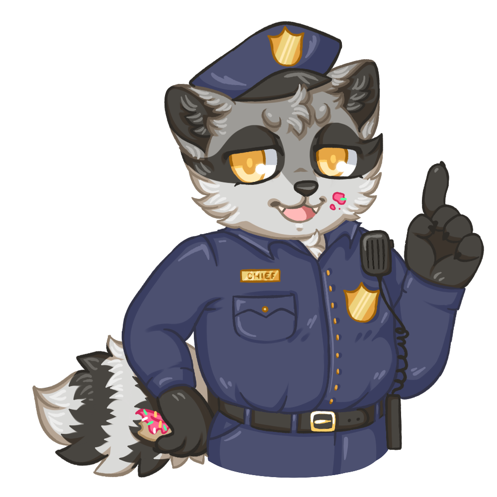 A portly raccoon with a donut and crumbs around his mouth wearing a police officer uniform with a nametag that says Chief