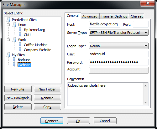 A screenshot of the Site Manager function in FileZilla