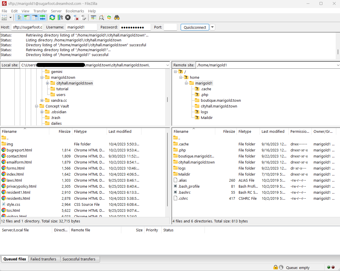 A screenshot of the main file directory function in FileZilla